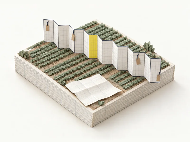 Maquete de papel: um calendário em sanfona atravessa a lavoura, com um único mês em amarelo, etiquetas de papel pardo em alguns meses e um documento dobrado aberto no chão.