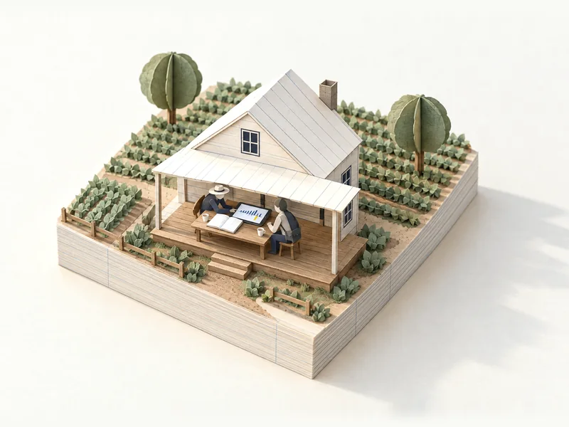 Maquete de papel: na varanda da casa da fazenda, o produtor de chapéu e o consultor, à mesa, olham juntos um gráfico de barras no tablet, com um livro-caixa aberto e duas xícaras de café.