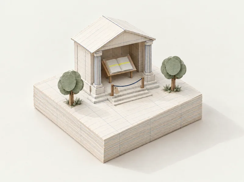 Maquete de papel: um prédio de banco com a frente aberta, como casa de boneca; dentro, num púlpito, o livro-caixa aberto sob uma folha de papel vegetal, com uma linha amarela, e na frente um cordão baixo entre dois postes.