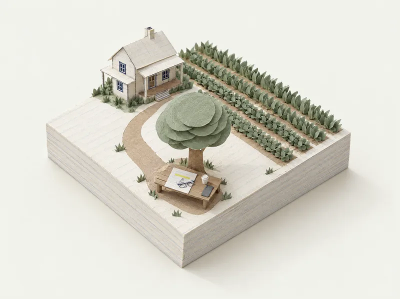 Maquete de papel: um banco de madeira à sombra de uma árvore, com a página do mês, uma linha marcada em amarelo, óculos de leitura, um copo de café e um celular virado para baixo; ao fundo, a casa e a lavoura.